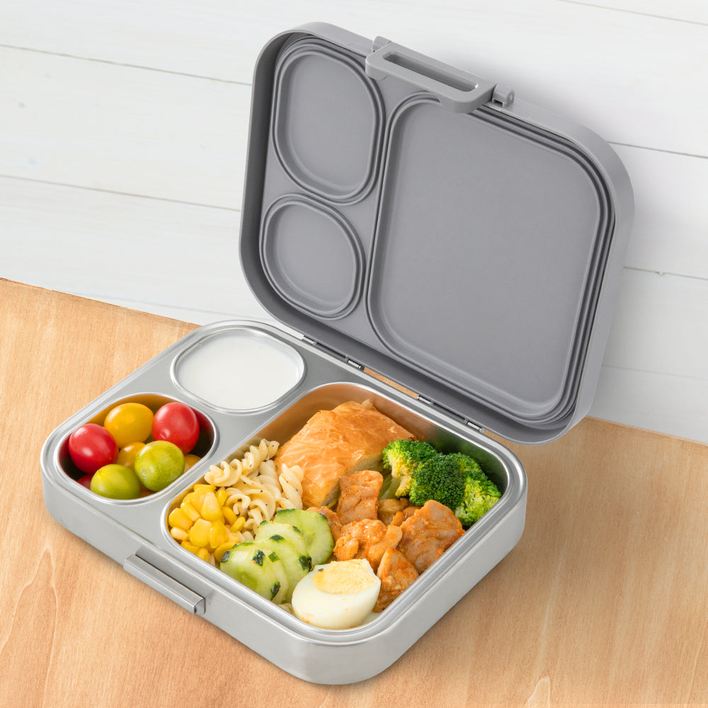 Eazy Kids Personalized Premium Stainless Steel Bento Lunch Box w/ Silicon Lid, Grey