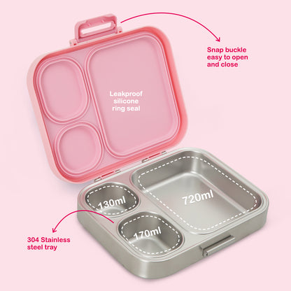 Eazy Kids Personalized Premium Stainless Steel Bento Lunch Box w/ Silicon Lid, Pink