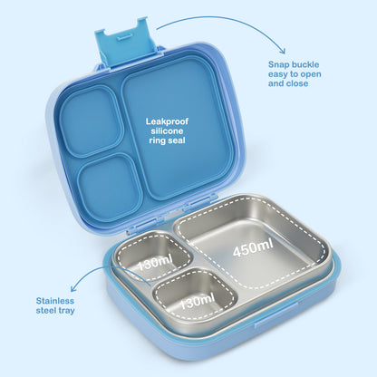 Eazy Kids Premium Stainless Steel Lunch Box 710ml – Leakproof 3-Compartment Lunch Box for Kids, Blue