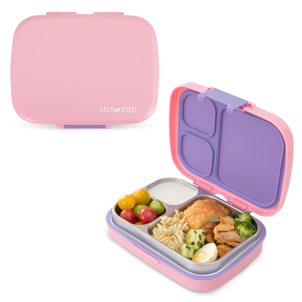 Eazy Kids Personalized Premium Stainless Steel Lunch Box 710ml – Leakproof 3-Compartment Lunch Box for Kids, Pink