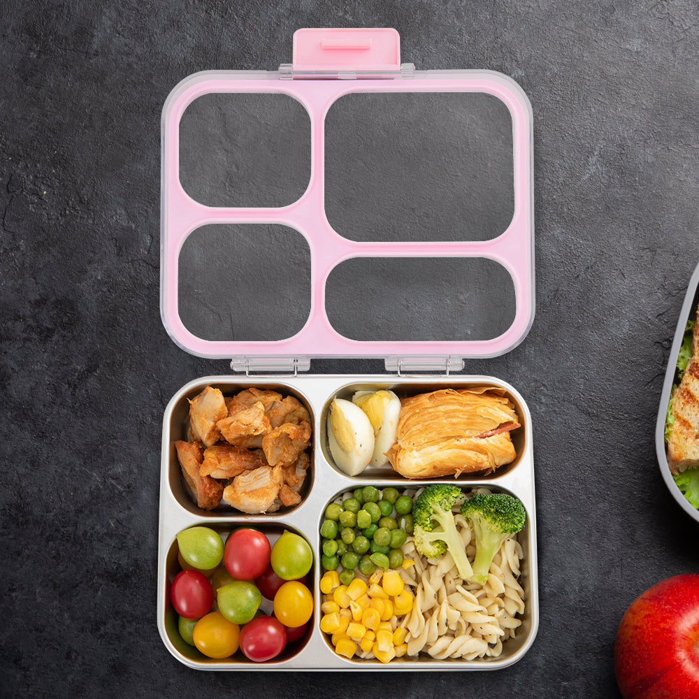 Eazy Kids Personalized Premium Stainless Steel Lunch Box 710ml – Leakproof 3-Compartment Lunch Box for Kids, Pink