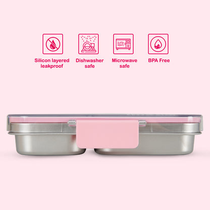Eazy Kids Personalized Premium Stainless Steel Lunch Box 710ml – Leakproof 3-Compartment Lunch Box for Kids, Pink