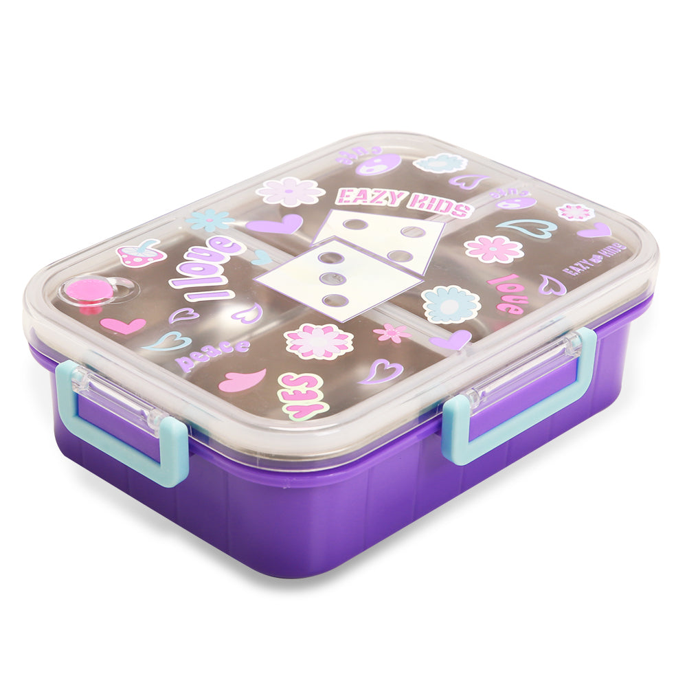 EAZY KIDS 3 Compartment Stainless Steel bento Lunch Box, 800ml - Floral Purple