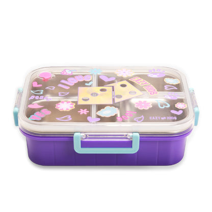 EAZY KIDS 3 Compartment Stainless Steel bento Lunch Box, 800ml - Floral Purple