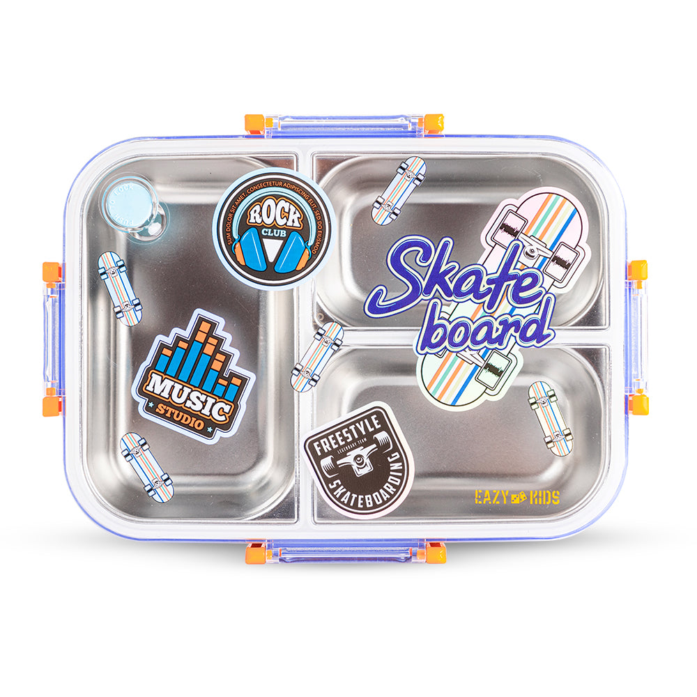 EAZY KIDS 3 Compartment Stainless Steel bento Lunch Box, 800ml - Skate Board Purple