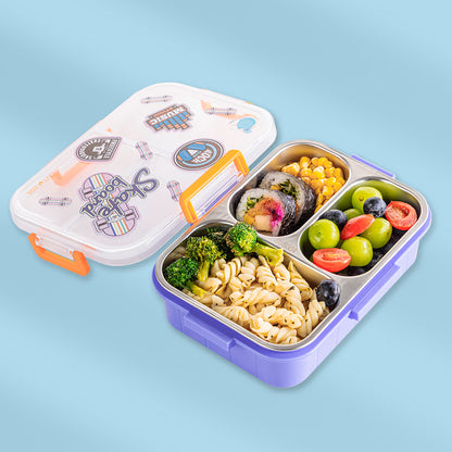EAZY KIDS 3 Compartment Stainless Steel bento Lunch Box, 800ml - Skate Board Purple