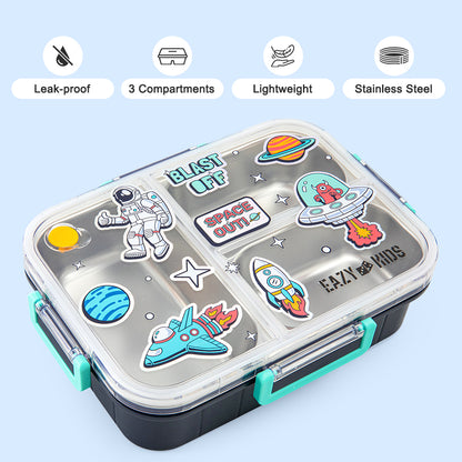 Eazy Kids 3 Compartment Stainless Steel bento Lunch Box - Space out 800ml - Blue