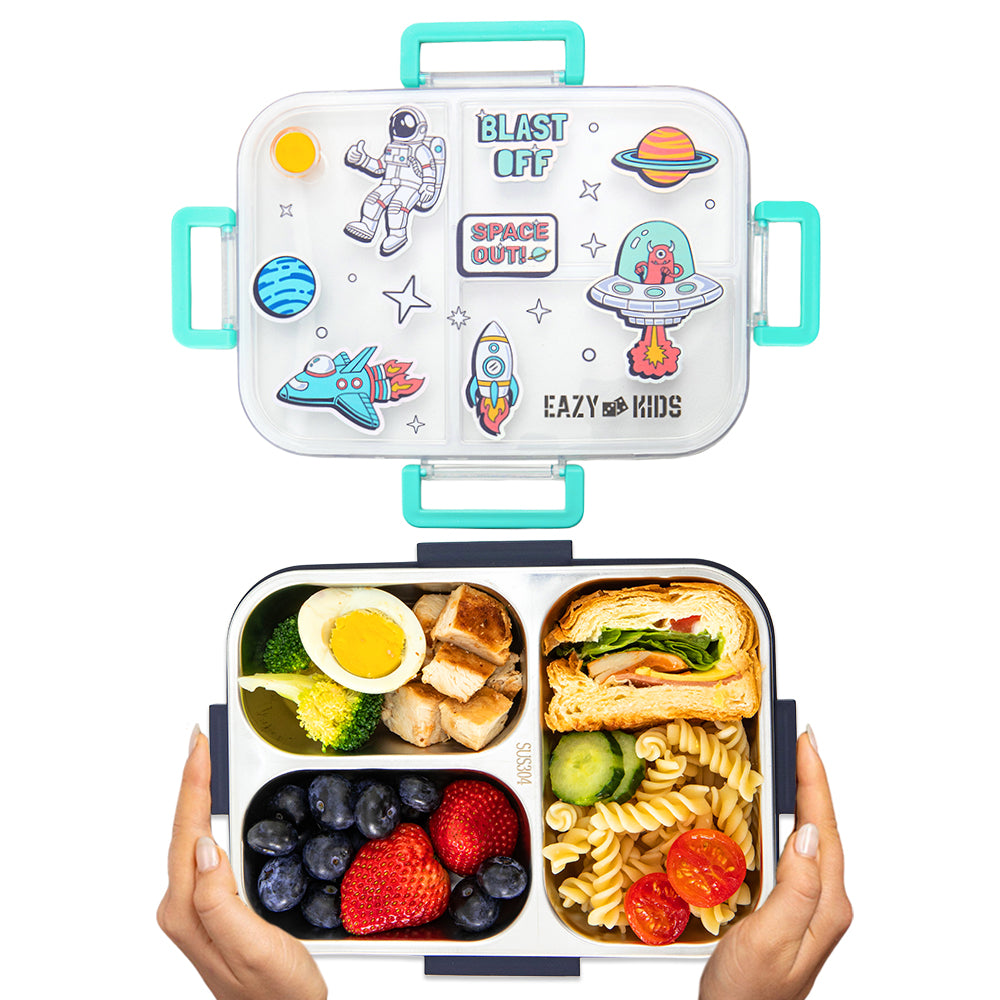Eazy Kids 3 Compartment Stainless Steel bento Lunch Box - Space out 800ml - Blue