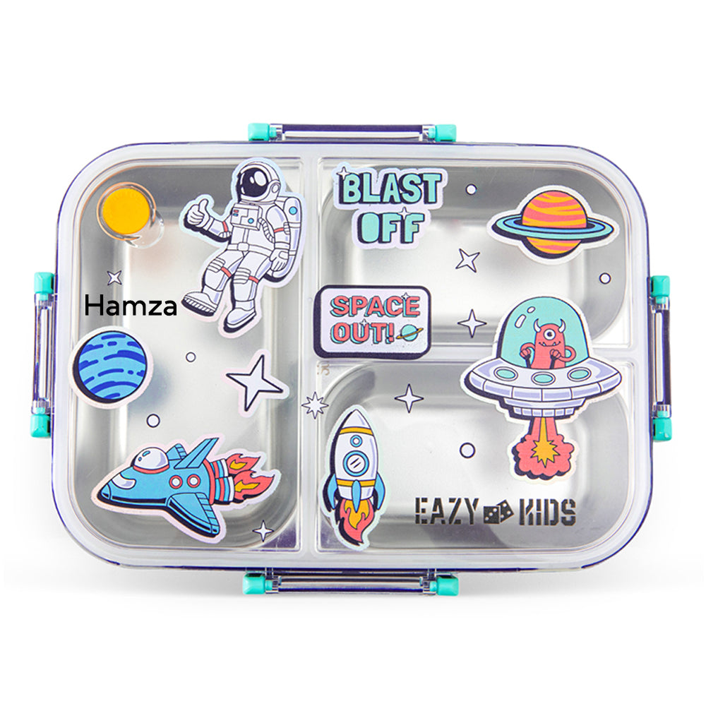 Eazy Kids Personalized 3 Compartment Stainless Steel bento Lunch Box - Space out 800ml - Blue
