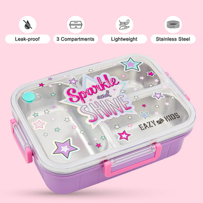 Eazy Kids 3 Compartment Stainless Steel bento Lunch Box - Sparkle Girl 800ml - Purple