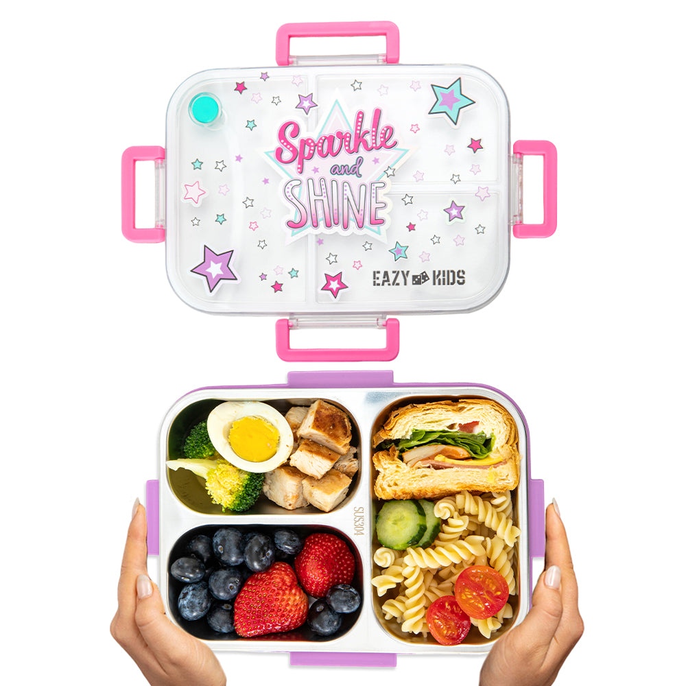 Eazy Kids 3 Compartment Stainless Steel bento Lunch Box - Sparkle Girl 800ml - Purple