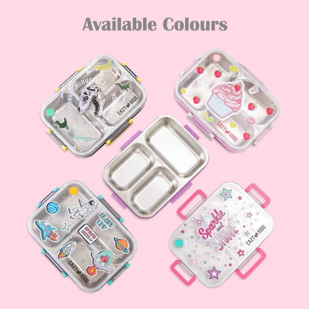 Eazy Kids 3 Compartment Stainless Steel bento Lunch Box - Sparkle Girl 800ml - Purple