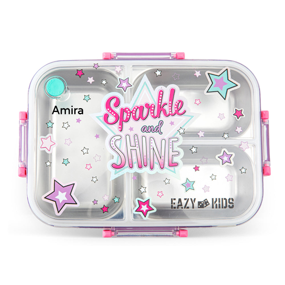 Eazy Kids Personalized 3 Compartment Stainless Steel bento Lunch Box - Sparkle Girl 800ml - Purple