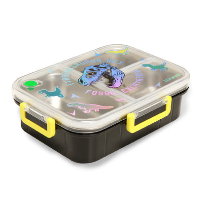 EAZY KIDS 3 Compartment Stainless Steel bento Lunch Box, 800ml - T- Rex Purple