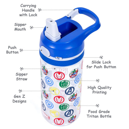 Marvel Avengers Tritan Water Bottle w/Lockable Push button and Carry Handle - Blue (420ml)
