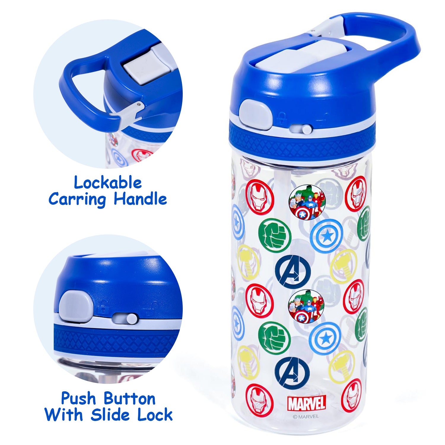 Marvel Avengers Tritan Water Bottle w/Lockable Push button and Carry Handle - Blue (420ml)