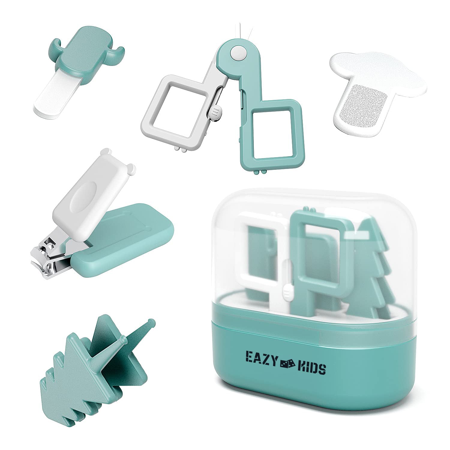 EAZY KIDS 6 in 1 Baby Nail Care Set w/Nail Clipper, Scissor, Nail Filers, Ear Cleaning Spoon and Tweezer - Manicure and Pedicure Kit for Newborns, Infants, Children - Green