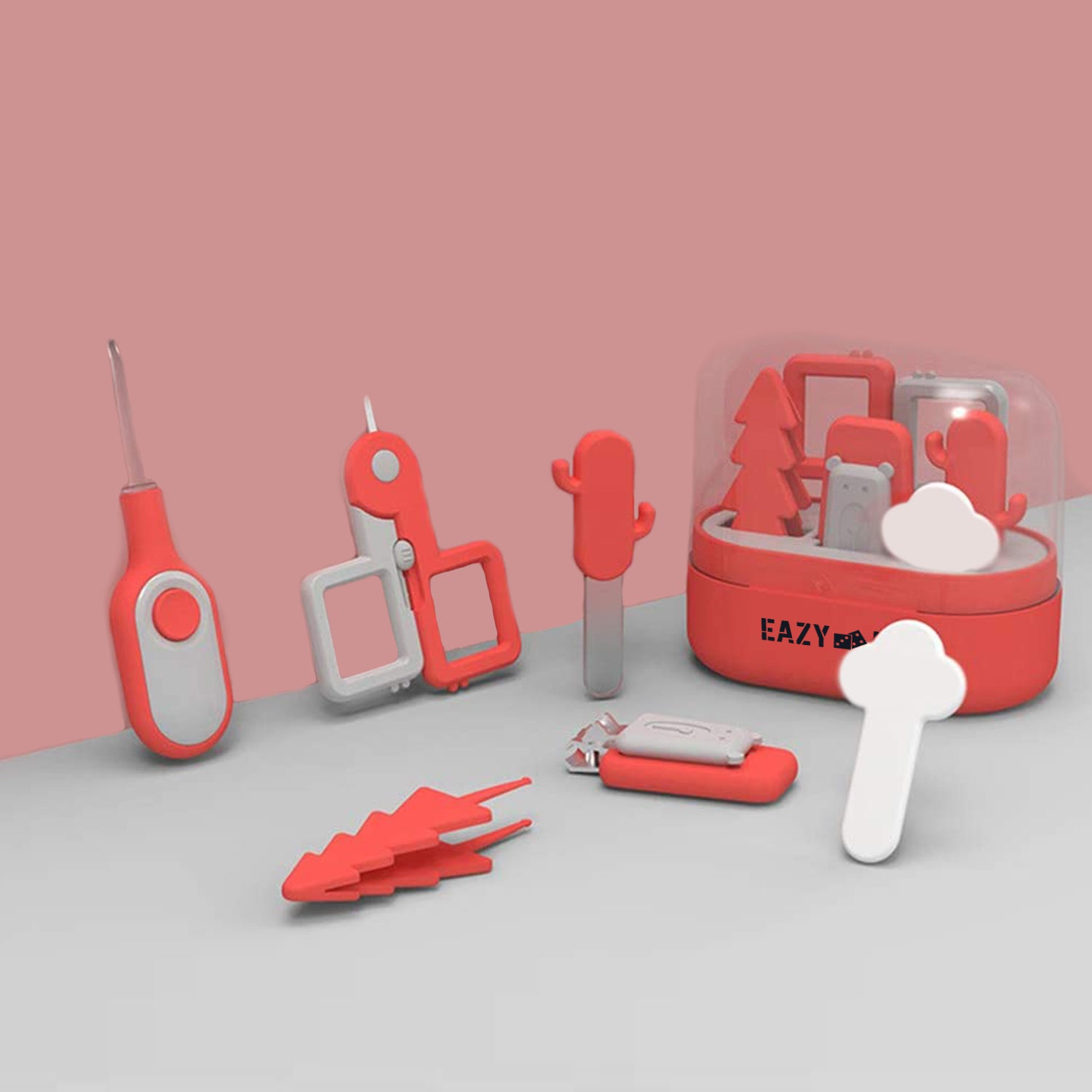 EAZY KIDS 6 in 1 Baby Nail Care Set w/Nail Clipper, Scissor, Nail Filers, Ear Cleaning Spoon and Tweezer - Manicure and Pedicure Kit for Newborns, Infants, Children - Red