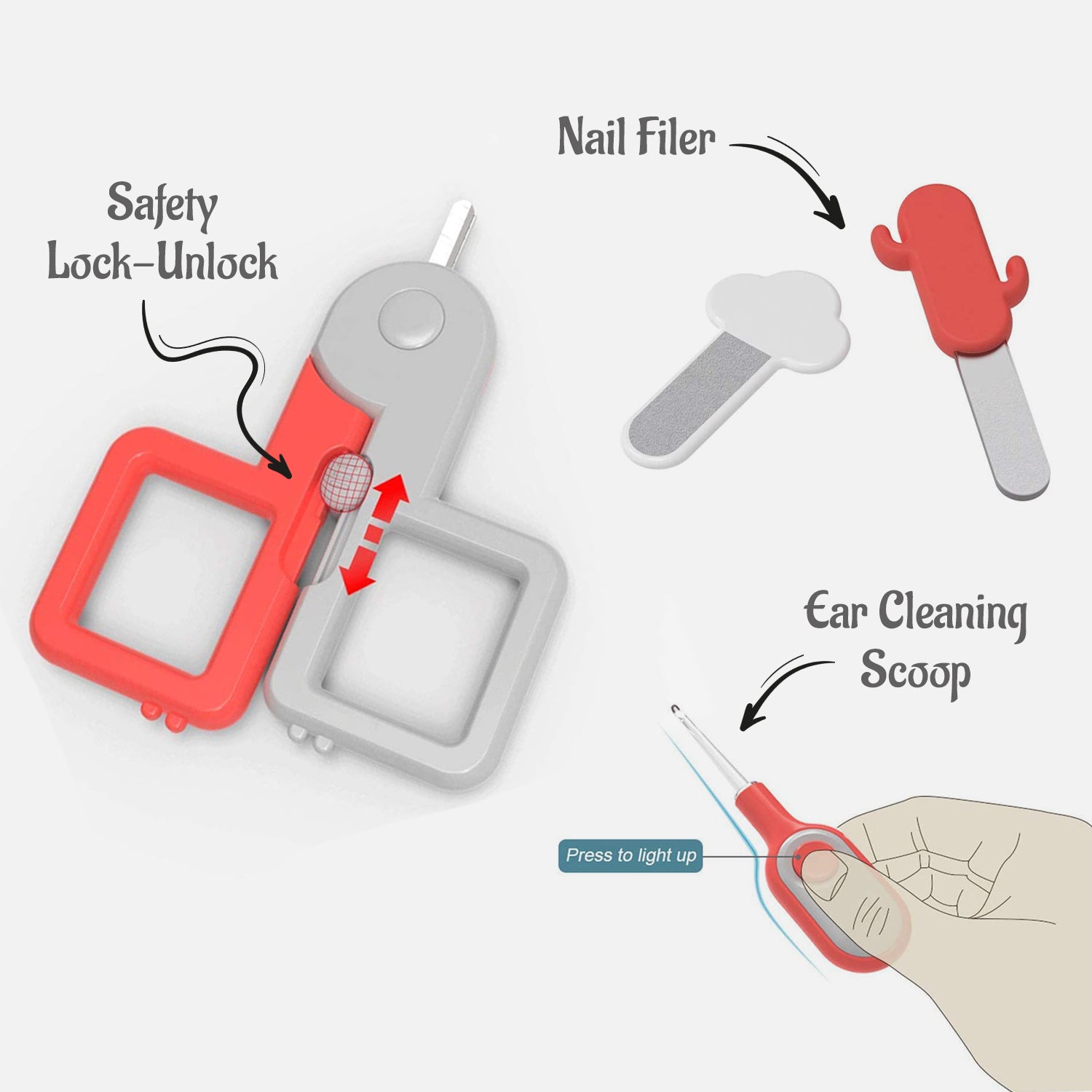 EAZY KIDS 6 in 1 Baby Nail Care Set w/Nail Clipper, Scissor, Nail Filers, Ear Cleaning Spoon and Tweezer - Manicure and Pedicure Kit for Newborns, Infants, Children - Red