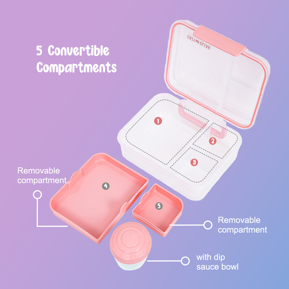 EAZY KIDS 3/4/5 Compartment Convertible 1650ml Bento Lunch Box with 150ml Gravy Bowl - Pink