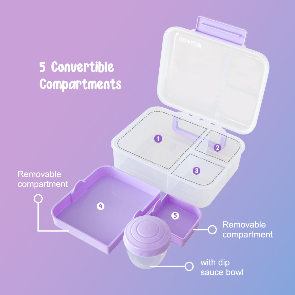 Eazy Kids 3/4/5 Compartment Convertible 1650ml Bento Lunch Box with 150ml Gravy Bowl - Purple