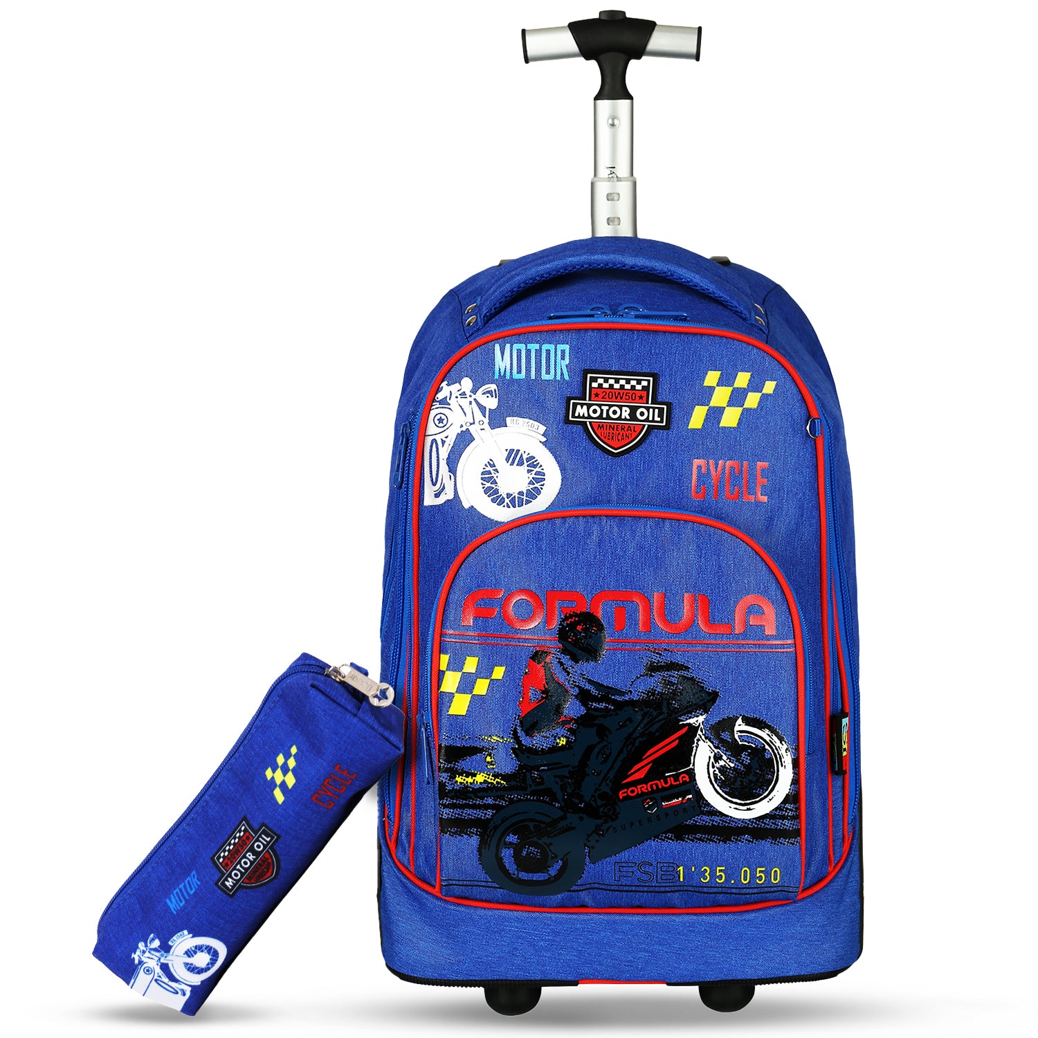 EAZY KIDS - 18 inch Set of 2 Formula Racing Big Wheel Trolley School & Pencil Case - Blue