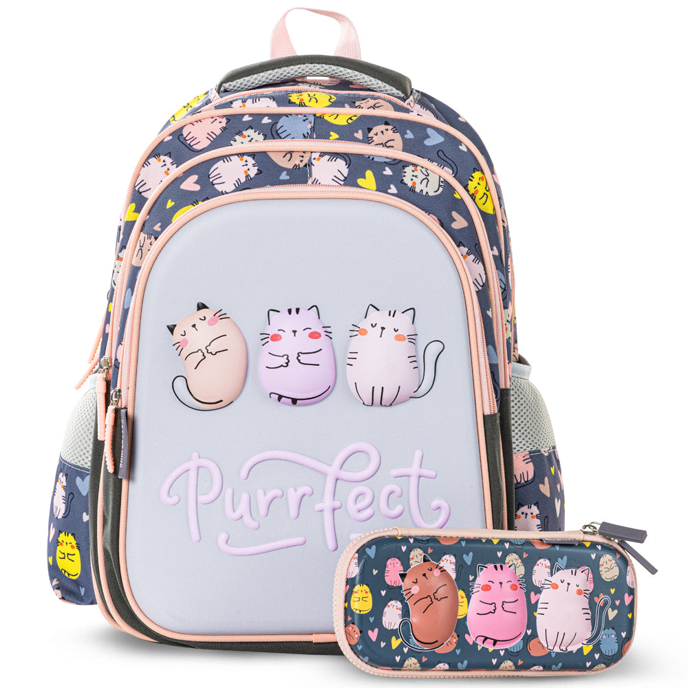 EAZY KIDS School Bag w/Pencil Case 16 inch - Purrfect Grey