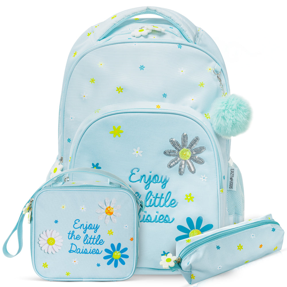 EAZY KIDS 17" School Bag Set of 3 w/Lunch Bag and Pencil Pouch - Little Daisy Green