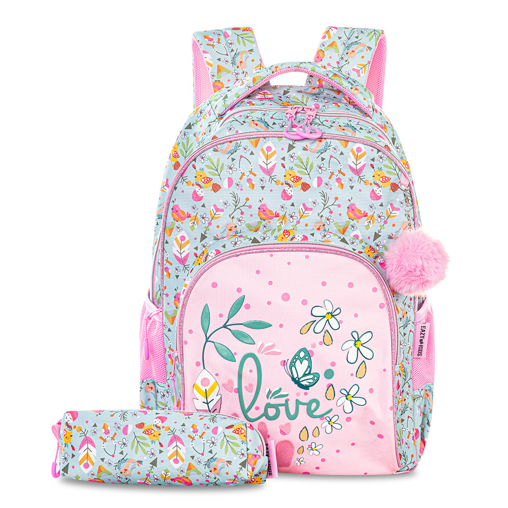 EAZY KIDS 17" School Bag Set of 2 w/Pencil Pouch - Love Pink