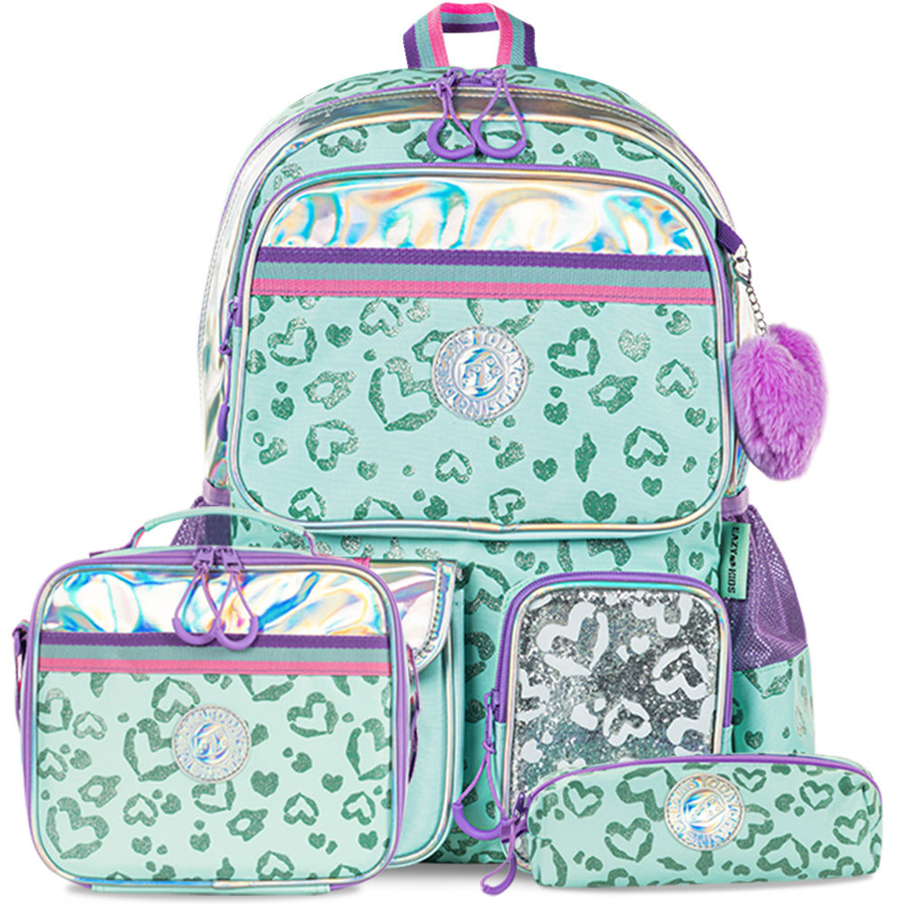 EAZY KIDS 17" School Bag Set of 3 w/Lunch Bag and Pencil Pouch - Love Green