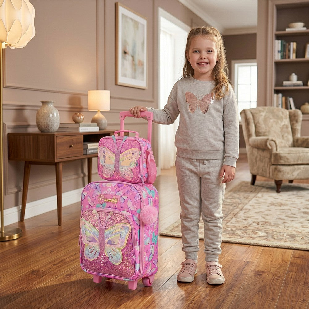 Eazy Kids 17” 3-Piece Trolley School Backpack Set for Kids – Backpack with Lunch Bag & Pencil Case, Pink