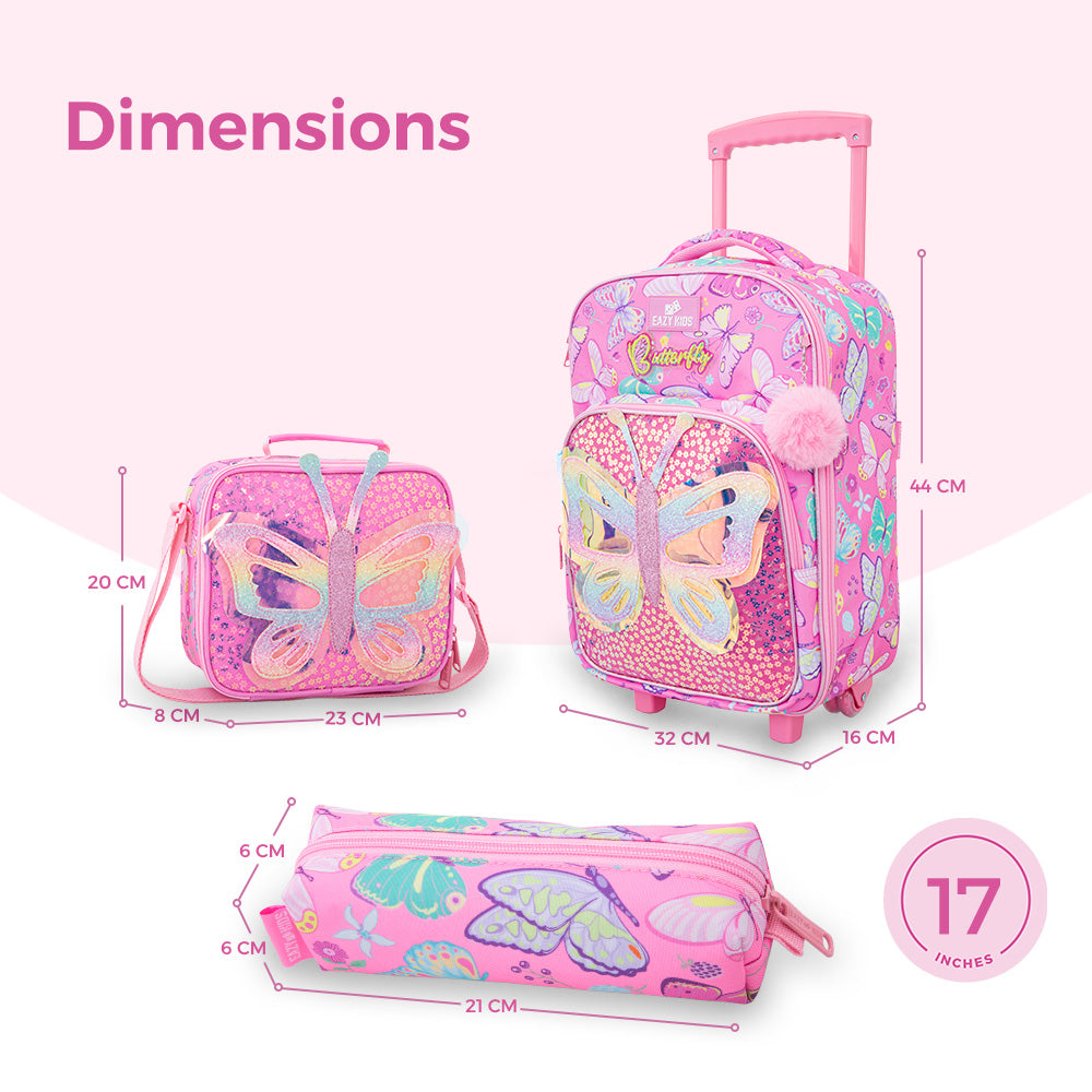 Eazy Kids 17” 3-Piece Trolley School Backpack Set for Kids – Backpack with Lunch Bag & Pencil Case, Pink