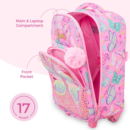 Eazy Kids 17” 3-Piece Trolley School Backpack Set for Kids – Backpack with Lunch Bag & Pencil Case, Pink