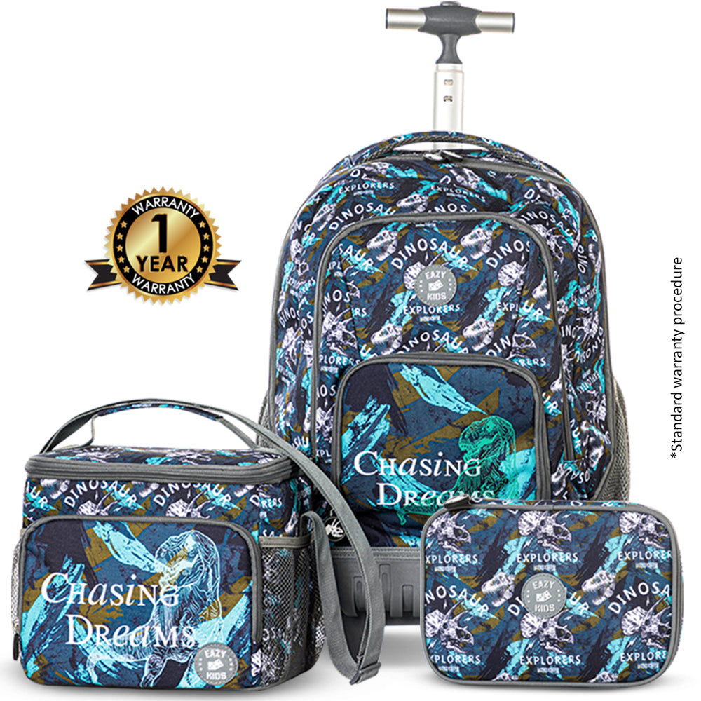 EAZY KIDS 18 inch Set of 3 Trolley Backpack w/Lunch Bag and Pencil Case-T Rex