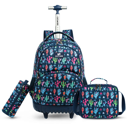EAZY KIDS - 18 inch Set of 3 Trolley School Bag Lunch Bag & Pencil Case Cacti - Blue