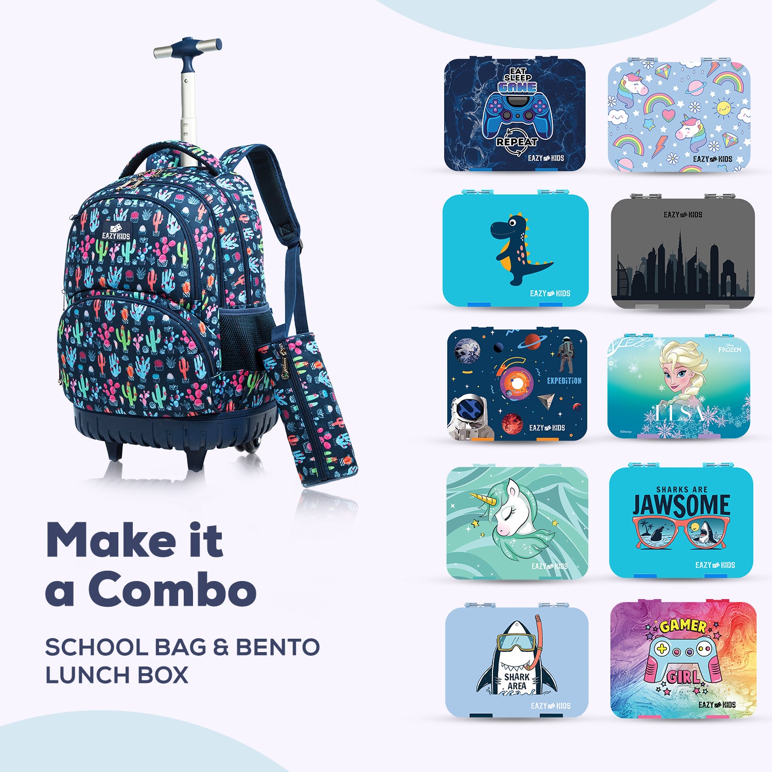 EAZY KIDS - 18 inch Set of 3 Trolley School Bag Lunch Bag & Pencil Case Cacti - Blue