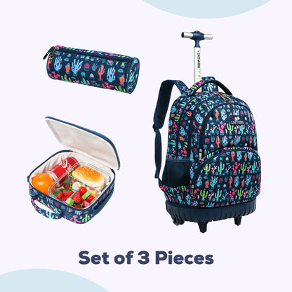 EAZY KIDS - 18 inch Set of 3 Trolley School Bag Lunch Bag & Pencil Case Cacti - Blue