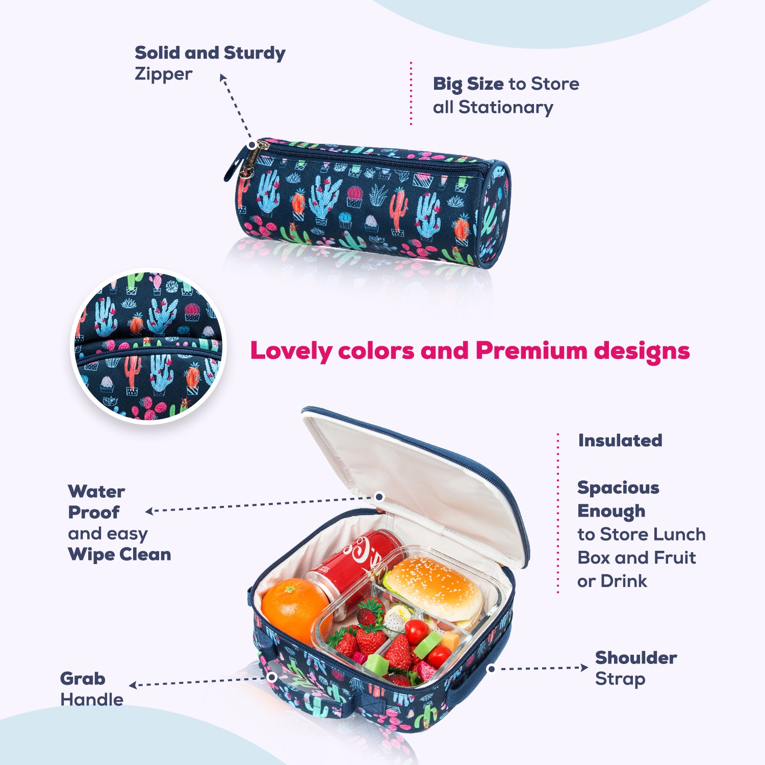 EAZY KIDS - 18 inch Set of 3 Trolley School Bag Lunch Bag & Pencil Case Cacti - Blue