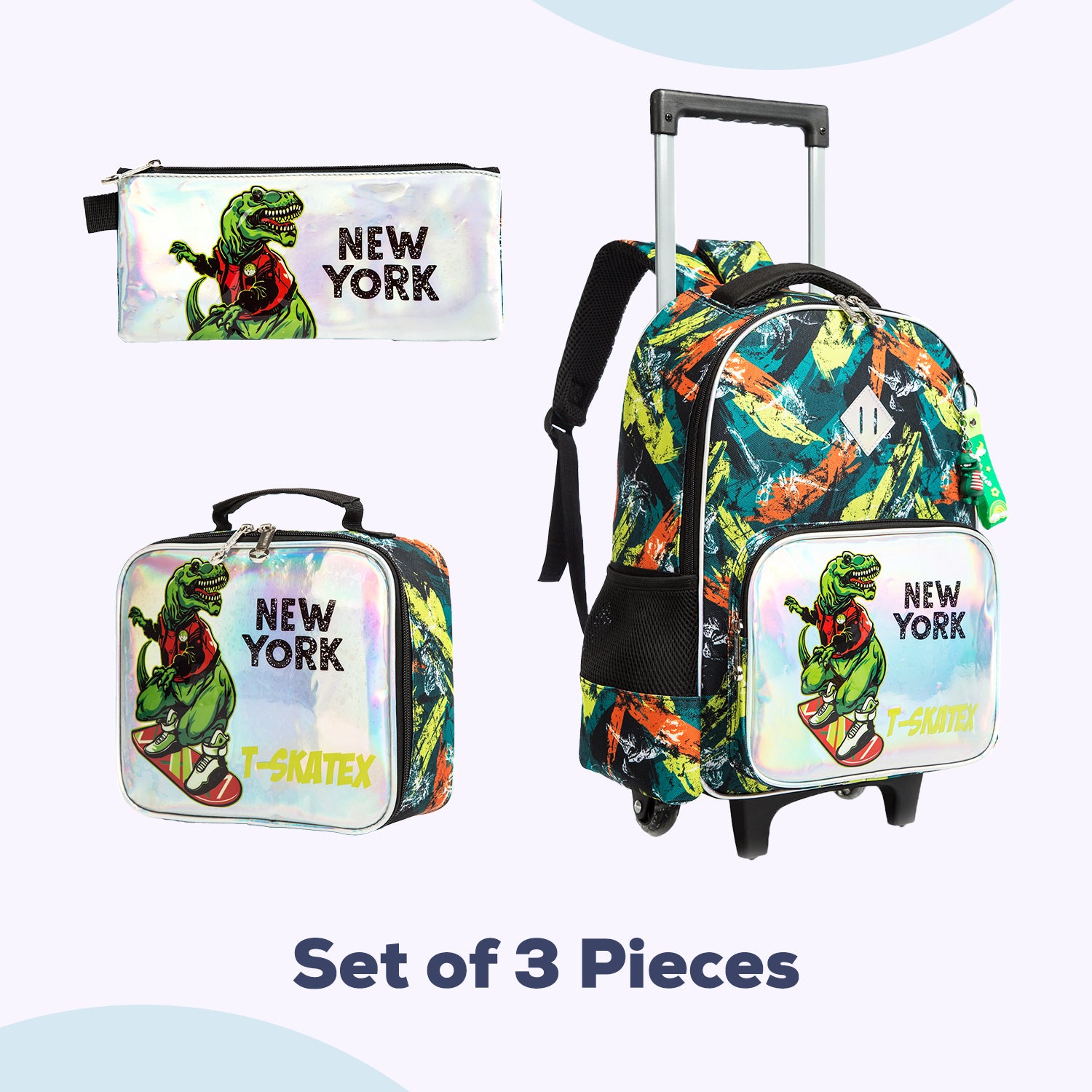 EAZY KIDS - 17 inch Set of 3 Trolley School Bag Lunch Bag & Pencil Case New York Dinosaur - Green