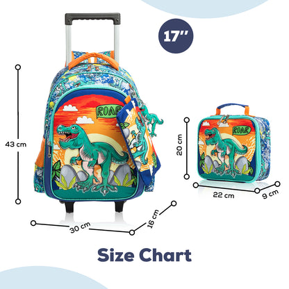 EAZY KIDS - 17 inch Set of 3 Trolley School Bag Lunch Bag & Pencil Case Dinosaur - Orange