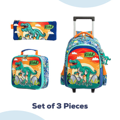 EAZY KIDS - 17 inch Set of 3 Trolley School Bag Lunch Bag & Pencil Case Dinosaur - Orange