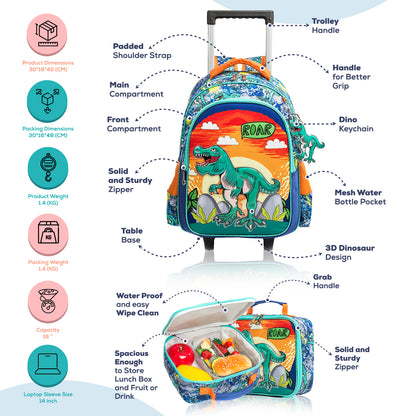EAZY KIDS - 17 inch Set of 3 Trolley School Bag Lunch Bag & Pencil Case Dinosaur - Orange