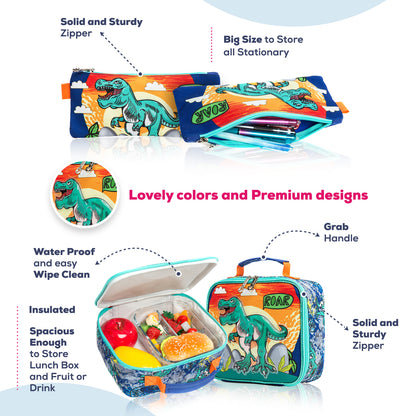 EAZY KIDS - 17 inch Set of 3 Trolley School Bag Lunch Bag & Pencil Case Dinosaur - Orange