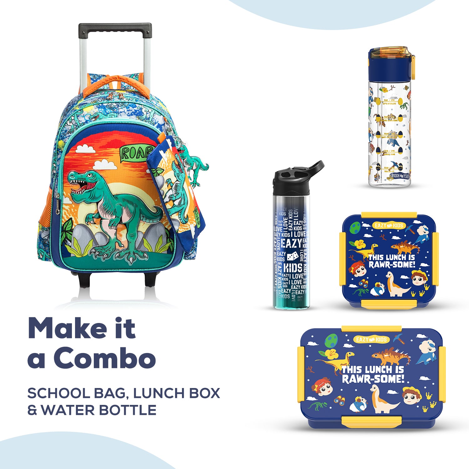 EAZY KIDS - 17 inch Set of 3 Trolley School Bag Lunch Bag & Pencil Case Dinosaur - Orange