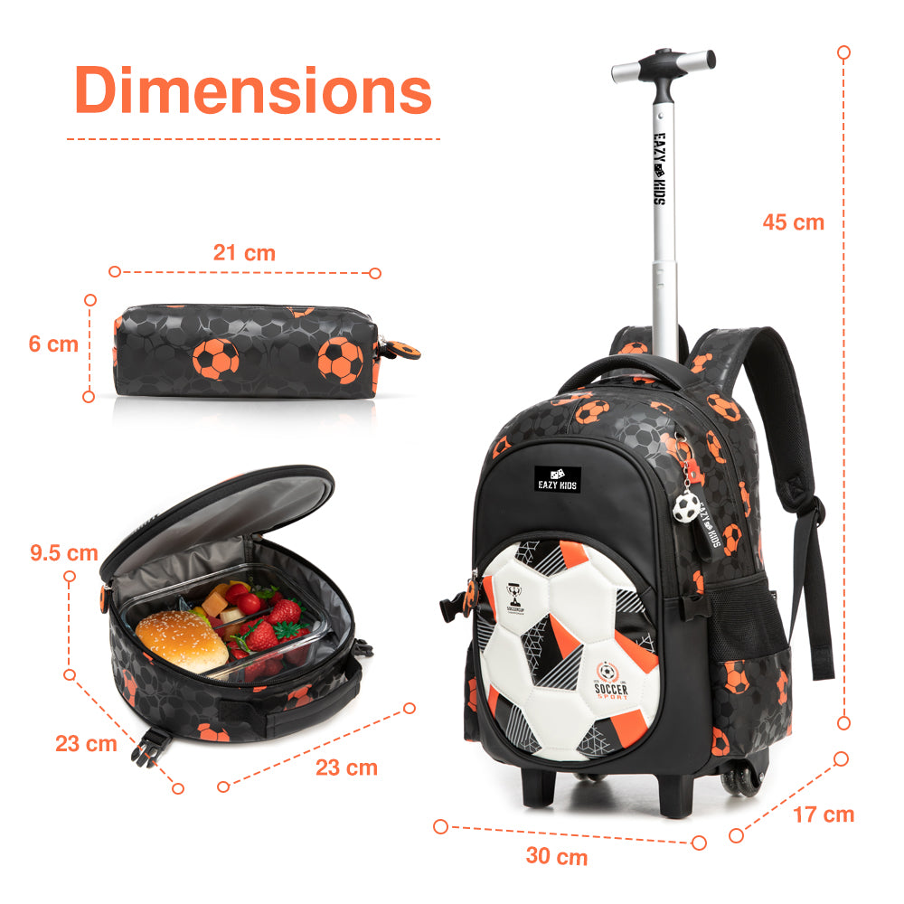 EAZY KIDS Trolley 18 inch School Bag Set of 3 w/Lunch Bag and Pencil Case - Football Black