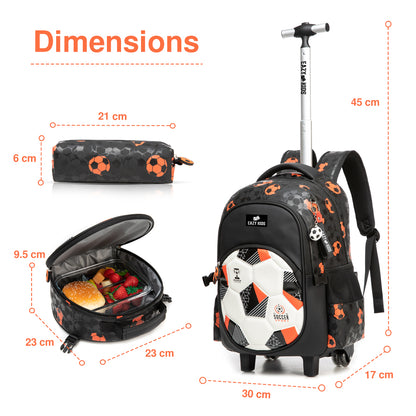 EAZY KIDS Trolley 18 inch School Bag Set of 3 w/Lunch Bag and Pencil Case - Football Black