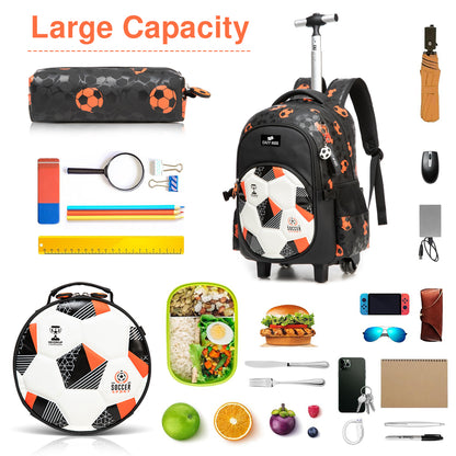 EAZY KIDS Trolley 18 inch School Bag Set of 3 w/Lunch Bag and Pencil Case - Football Black