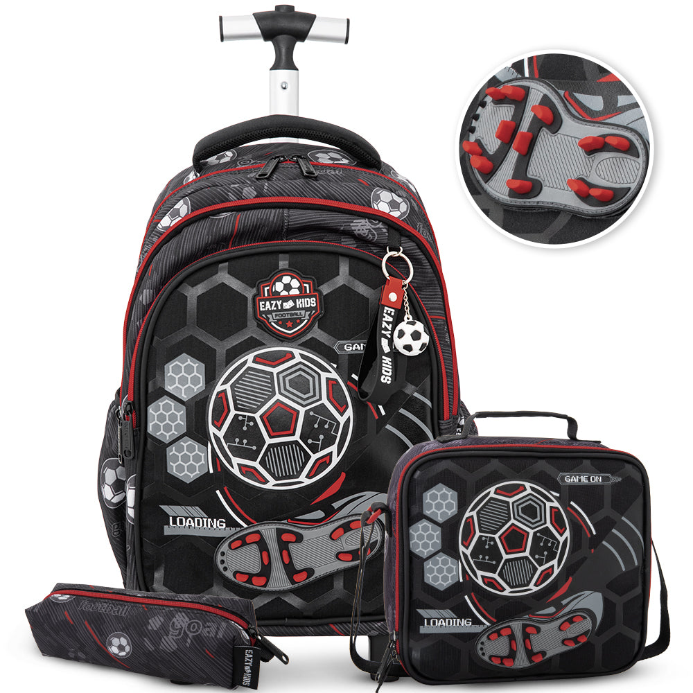 Eazy Kids 17” 3-Piece Trolley School Backpack Set for Kids – Football Design with Lunch Bag & Pencil Case, Black