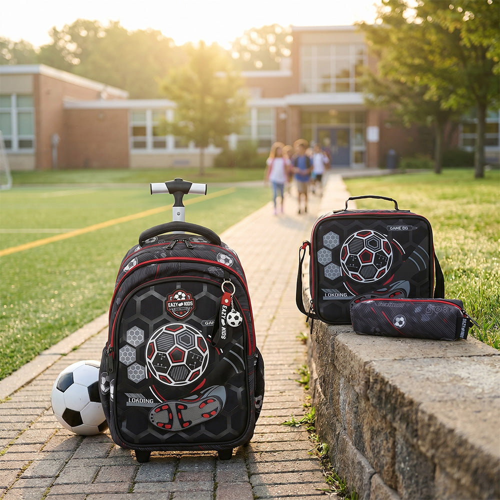 Eazy Kids 17” 3-Piece Trolley School Backpack Set for Kids – Football Design with Lunch Bag & Pencil Case, Black
