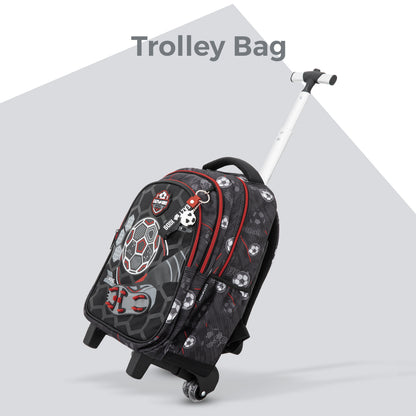 Eazy Kids 17” 3-Piece Trolley School Backpack Set for Kids – Football Design with Lunch Bag & Pencil Case, Black